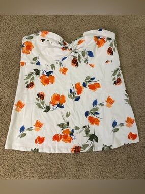 Torrid White Strapless Floral Top with Orange & Blue Blooms.